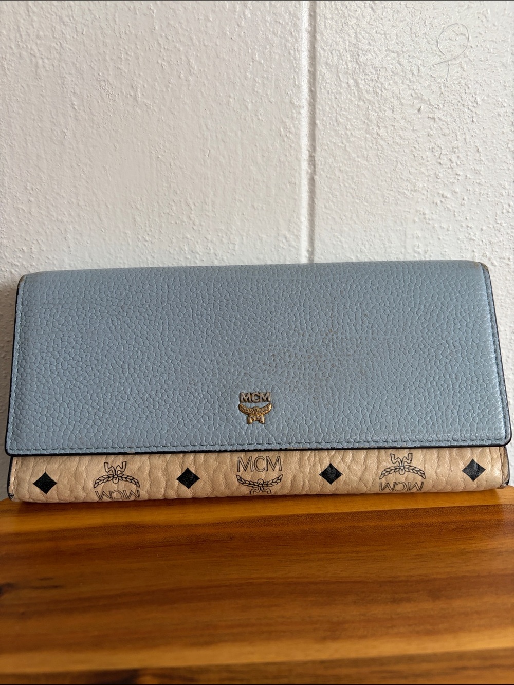 MCM Two-Tone Continental Wallet in Light Blue & Beige Monogram